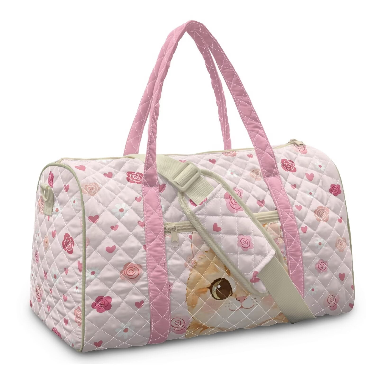 Garronmavis Cute Pink Cat Print Large Quilted Duffle Bag for Women, Weekender Travel Overnight Carry On Gym Dance Bag with Zipper Pockets for Travel, Work