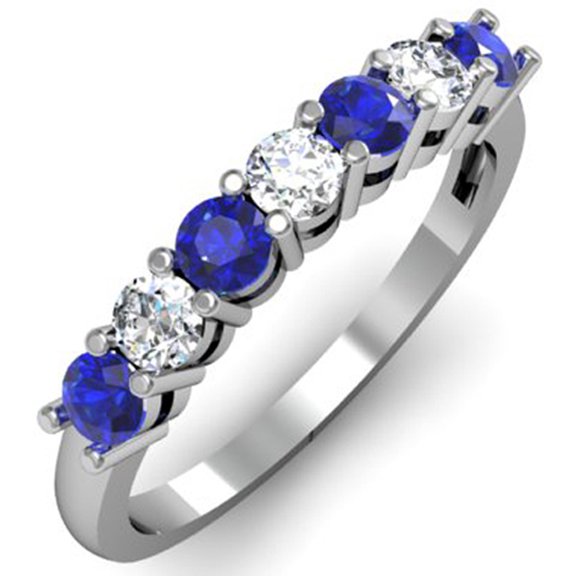 Dazzlingrock Collection 14K Round Blue Sapphire and White Diamond 7 Stone Bridal Wedding Band, White Gold, Size 8.5