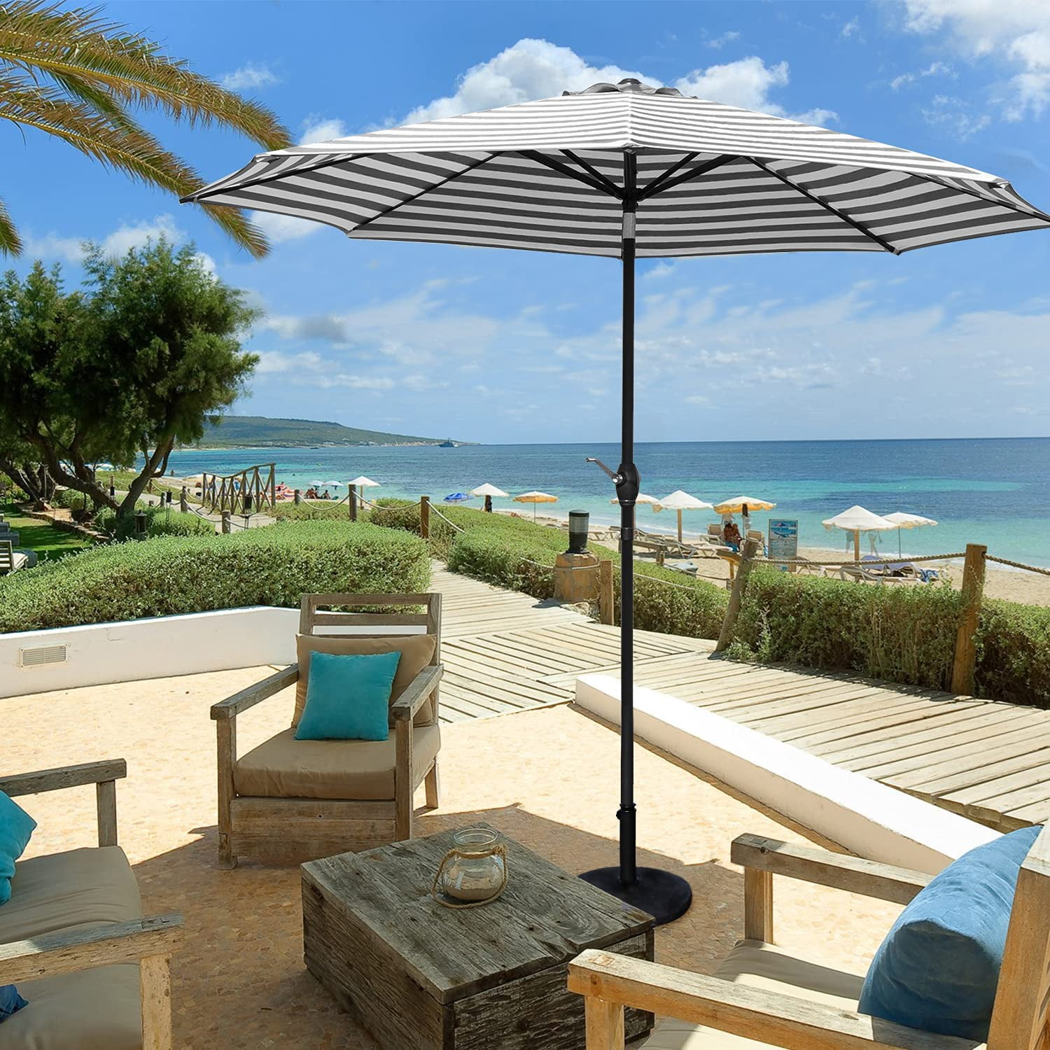 Devoko  9FT Patio Umbrella Outdoor Table Umbrella with 8 Sturdy Ribs, Black/White
