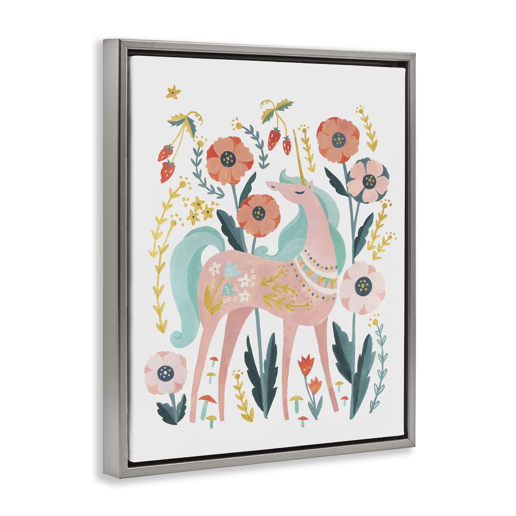 Stupell Industries Pink Unicorn with Florals Fantasy & Sci-Fi Painting Gray Floater Framed Canvas Art Print Wall Art, 17 x 21