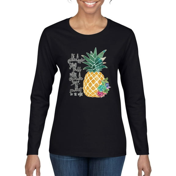 Pineapple Stand Tall Wear Crown And Stay Sweet Inside Arty Inspirational Pop Culture Womens Graphic Long Sleeve T-Shirt, Black, Small