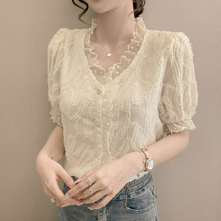 DanceeMangoo Summer White Chiffon Blouse Women Korean Lace Ruffles V-neck  Shirt Tops Woman Elegant Chic Puff Short Sleeve Shirt 