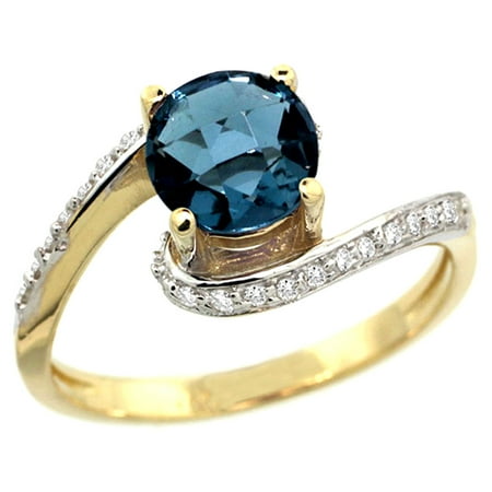 - 14k Yellow Gold Natural London Blue Topaz Swirl Design Ring Diamond Accent Round 6mm, 1/2 inch wide