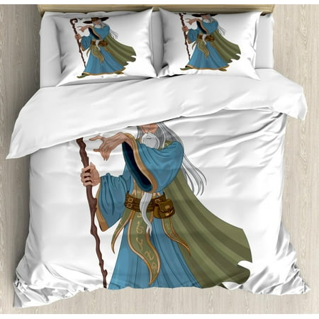 - Wizard Duvet Cover Set King Size, Fantasy Style Powerful Sorcerer with Staff Medieval and Mythical Cartoon Character, Decorative 3 Piece Bedding Set with 2 Pillow Shams, Multicolor, by Ambesonne