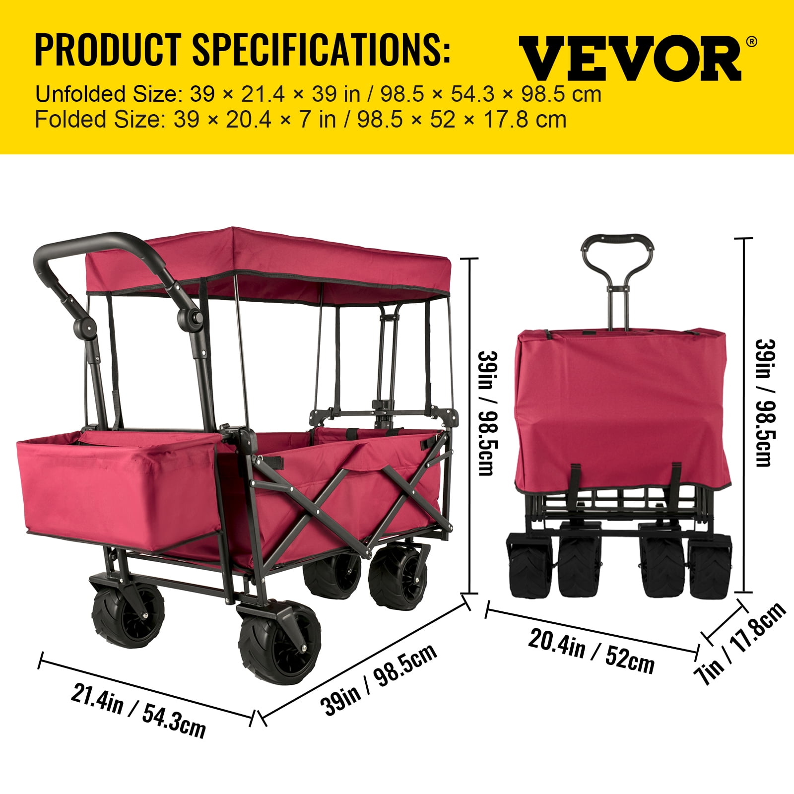 VEVOR Collapsible Wagon Cart with Removable Canopy, Foldable Utility Wagon, 600D Oxford Polyester & Steel Frame, 220.5 lbs, 39 x 21.4 x 39 in, Red
