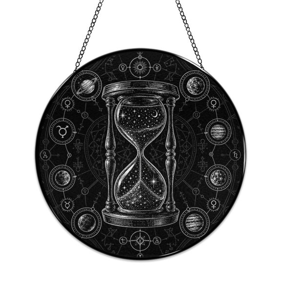 RKSupls Round Stained Glass Window Suncatcher, Cosmic Hourglass Planets Alchemy Ornament with Metal Hook & Chain, Solid Glass Indoor Wall Decor for Home Holiday