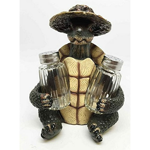 COUNTRY GREEN TURTLE SOUP SALT PEPPER SHAKERS HOLDER FIGURINE STATUE