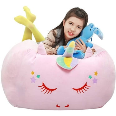 Unicorn Stuffed Animal Toy Storage Kids Bean Bag Chair Cover Large Size 24X24 Inch Velvet Extra Soft Stuffed Organization Replace Mesh Toy Hammock For Kids Blankets Towels Clothes Home Supplies Pink