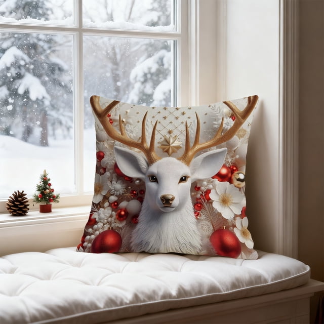 Funda de cojín navideña de lino | Funda de cojín para sofá de 45 x 45 cm | Estampado 3D de Papá Noel, reno, muñeco de nieve y árbol | Decoración en rojo, blanco y dorado