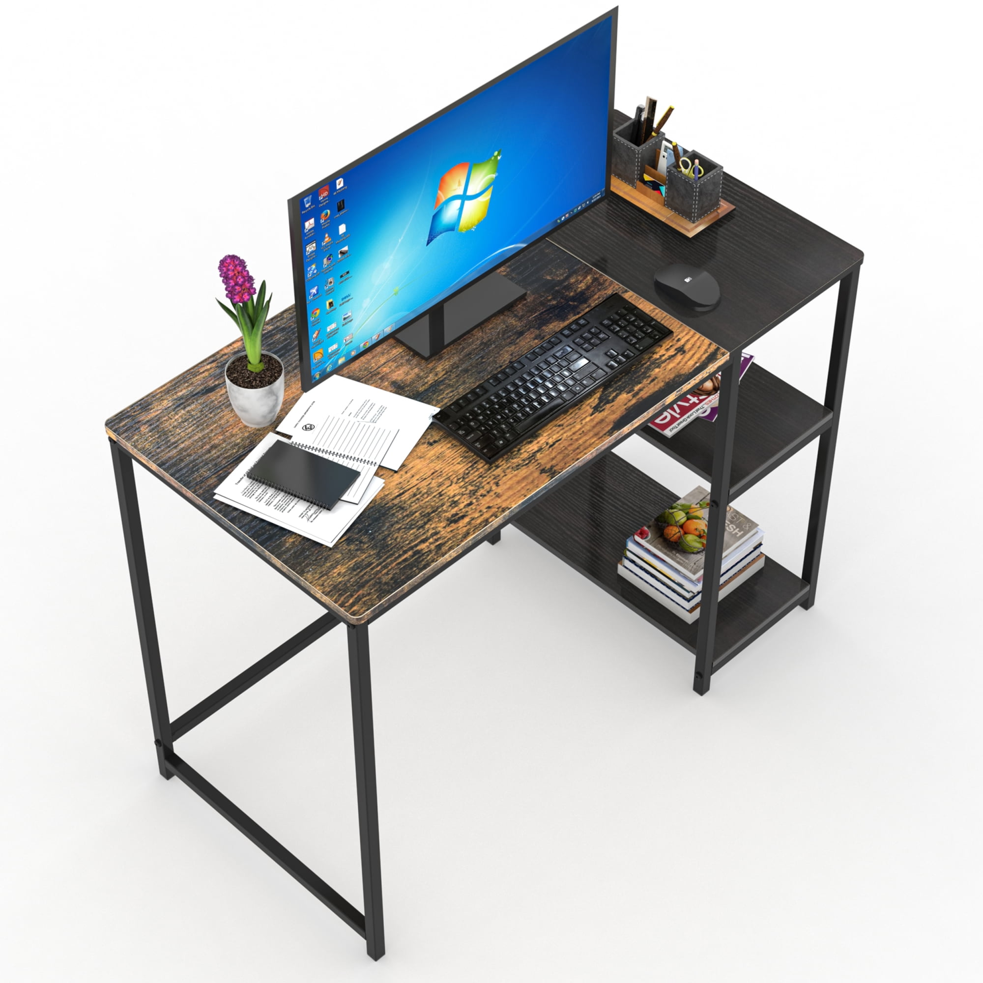 Leumius Computer Desk with 3 Tier Storage Shelves,40 Inch Office Desk for Home Office Bedroom,Brown