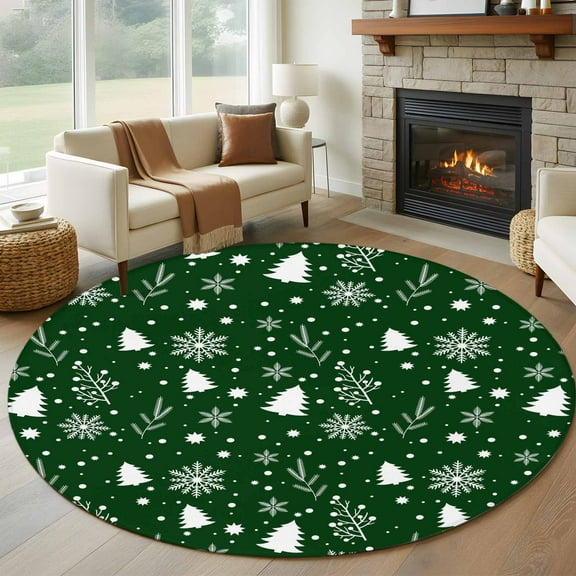 Green Christmas Round Rug 5ft Washable Circle Kitchen Rugs Non Slip Xmas Tree Snowflakes Winter Holiday Large Area Rug Indoor Floor Carpet for Bedroom Living Room Home Office Dining Room Nursery