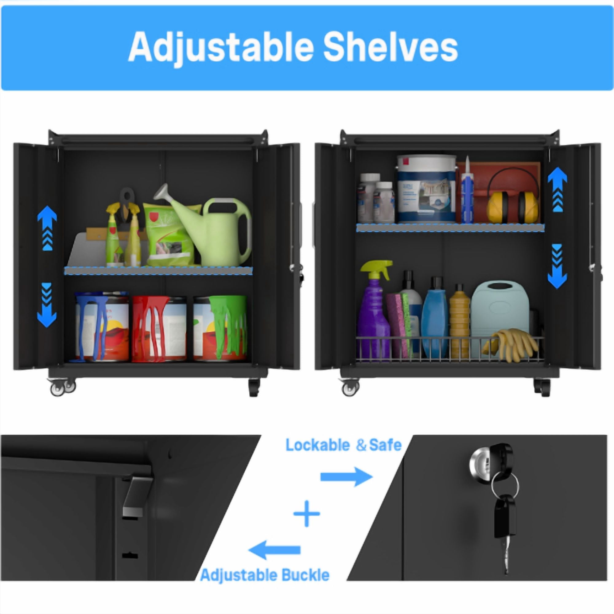 Heavy-Duty Rolling Metal Storage Cabinet with Lock & 2 Keys, Mobile Steel Tool Locker, 360° Silent Casters, Adjustable Shelf, Side Hooks & Top Guardrail for Garage, Kitchen, Entryway
