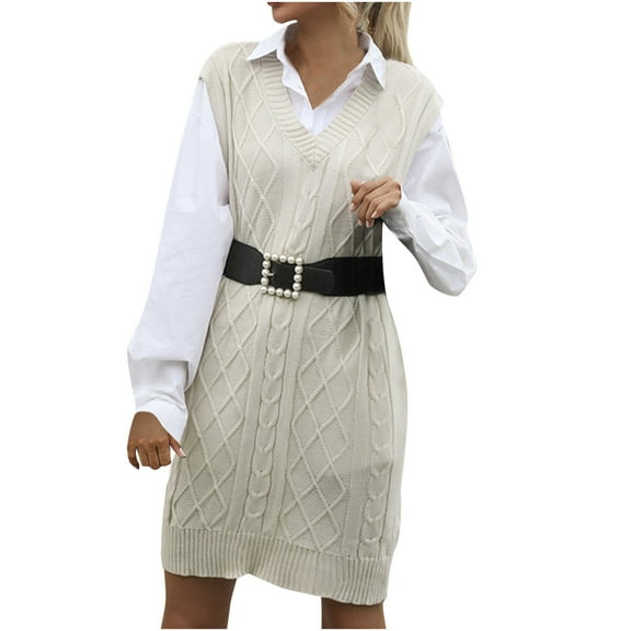 Dresses for Women Fashion Sweater Casual V Neck Mid-length Vest Knitted Sweater Dress