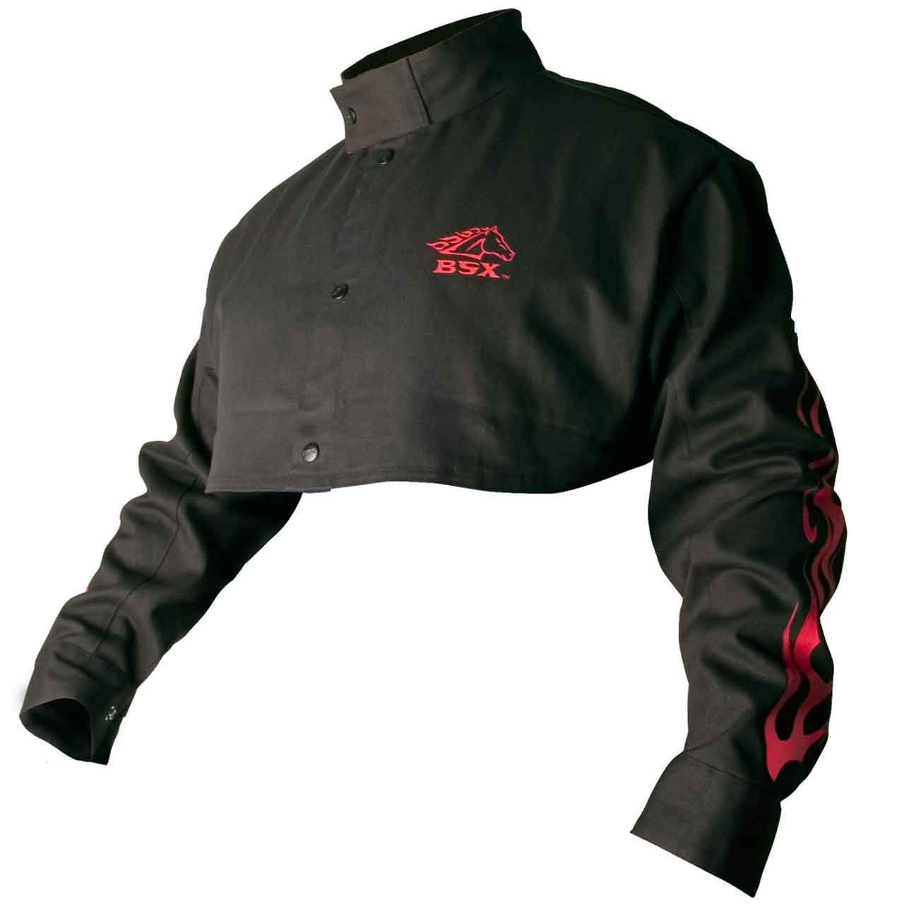 BSX FlameResistant Welding Cape Sleeve Black with Red Flames, Size X