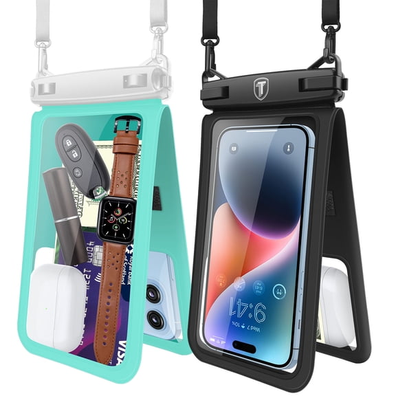 Njjex Large Waterproof Phone Lanyard Case -2 Pack,Double Space Waterproof Phone Case with iPhone 14/13/12/11 Pro Max/Pro/8 Plus, Galaxy S23/S22/S21/S10/Note 20/10/9,Dry Bag for Vacation-Black+Green