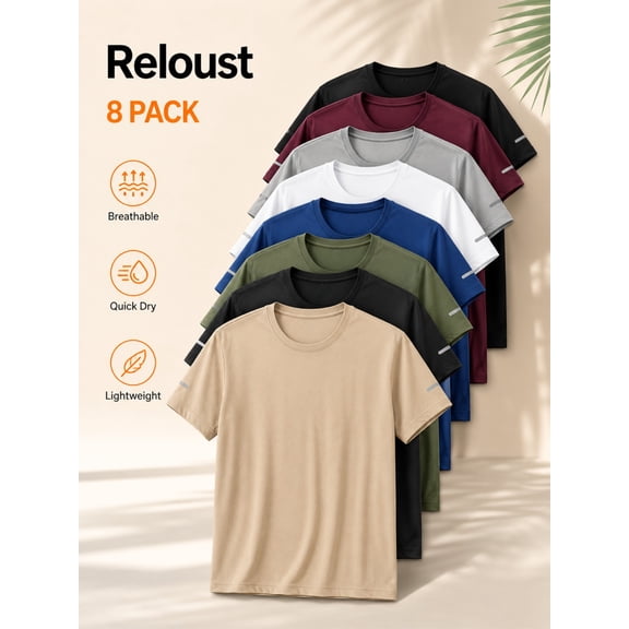 Men's 8pcs Breathable Mesh T-Shirts By RELOUST, Mixed Color Crew Neck Athletic Tees, Quick Dry Lightweight Shirts for Running, Fitness, Travel And Daily Rotation, Camisetas Deportivas Hombre