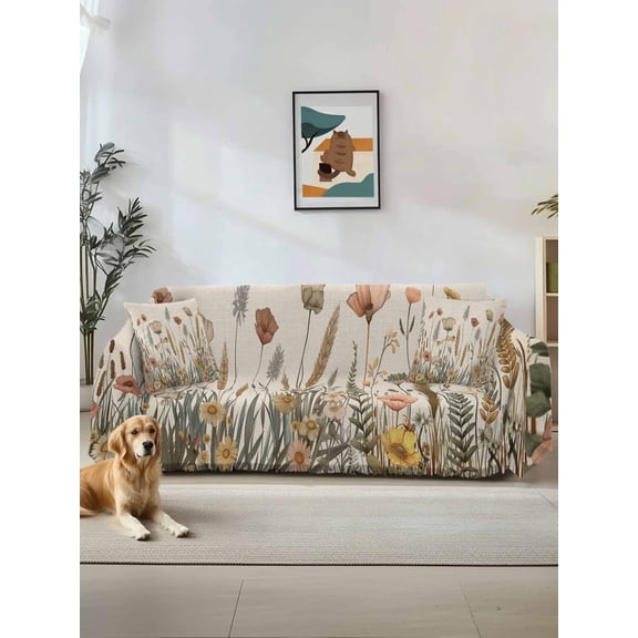 Pastoral Botanical Couch Cover for 2 Cushion Sofa, Farmhouse Floral Rustic Washable Loveseat Sofa Covers Slipcover for Sectional Sofas L-Shaped, Couch Throw Cover 71"x118"