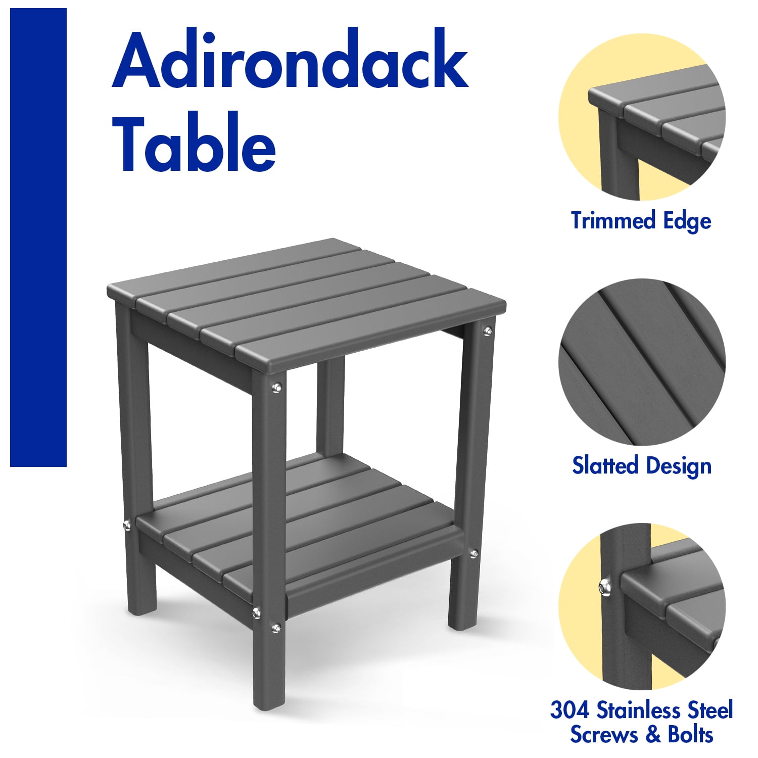 FODINGHILL 2-Tier Outdoor Side Table, HDPE All Weather Adirondack Patio Table with Storage Shelf, Outside End Table for Porch Backyard Indoor, Grey