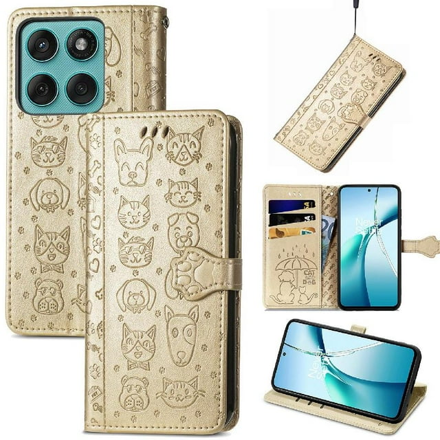 Étui à Rabat pour FOXDOCK Motorola Edge 60, Étui à Rabat en Cuir PU Gaufré Chat et Chien avec Fentes pour Cartes, Support