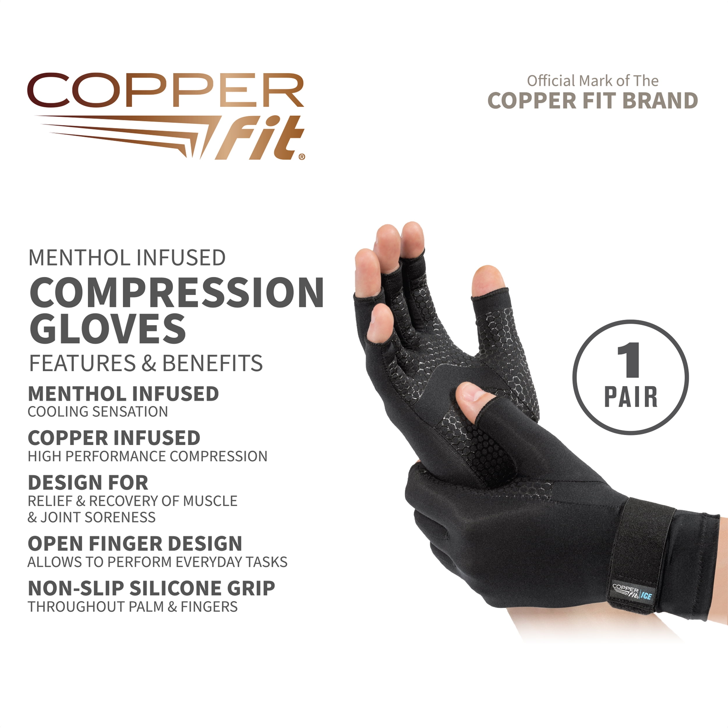 Copper Fit ICE Compression Gloves Infused with Menthol, Black, Large/X-Large