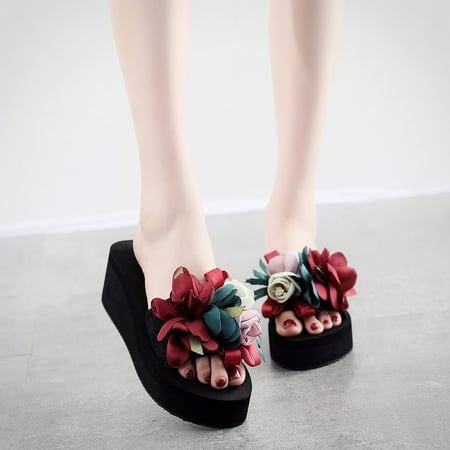 

YOTAMI Sandals for Women 2022 Fashion Women Slip-on Open Toe Wedges Heels Causal Flower Slipper Slides Shoes Wine