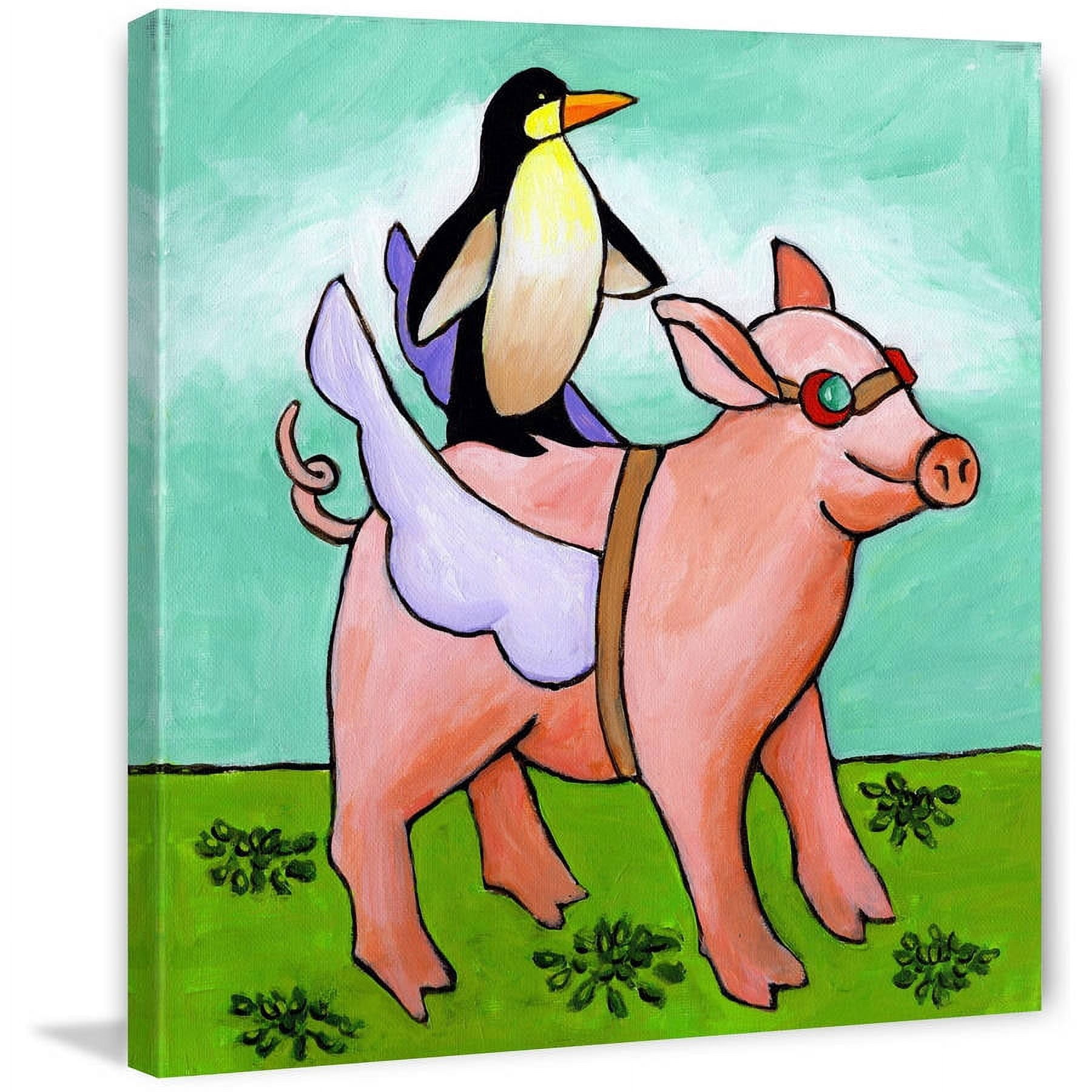 Marmont Hill - "Pig and Penguin" by Janet Nelson Painting Print on Wrapped Canvas