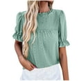 thumbnail image 2 of Meichang Eyelet Embroidery Short Sleeve T Shirts Women Solid Ruffle Trim Crew Neck Tees Shirts Puff Sleeve Loose Fit T-Shirts Dressy Casual Work Blouses Green S, 2 of 8