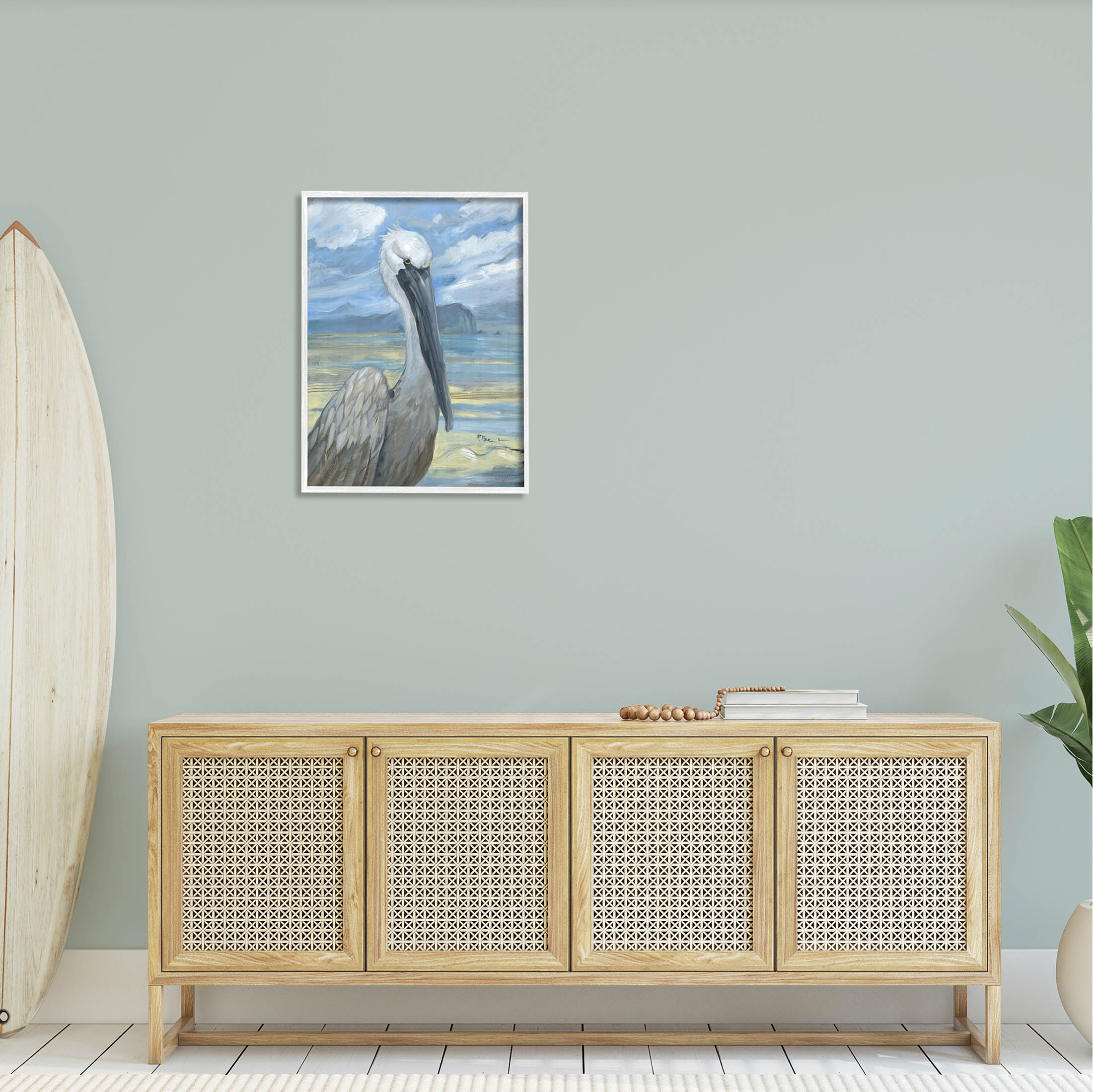 Stupell Industries Salty Pelican Cloudy Coastal beach Painting White Framed Art Print Wall Art, Design by Paul Brent