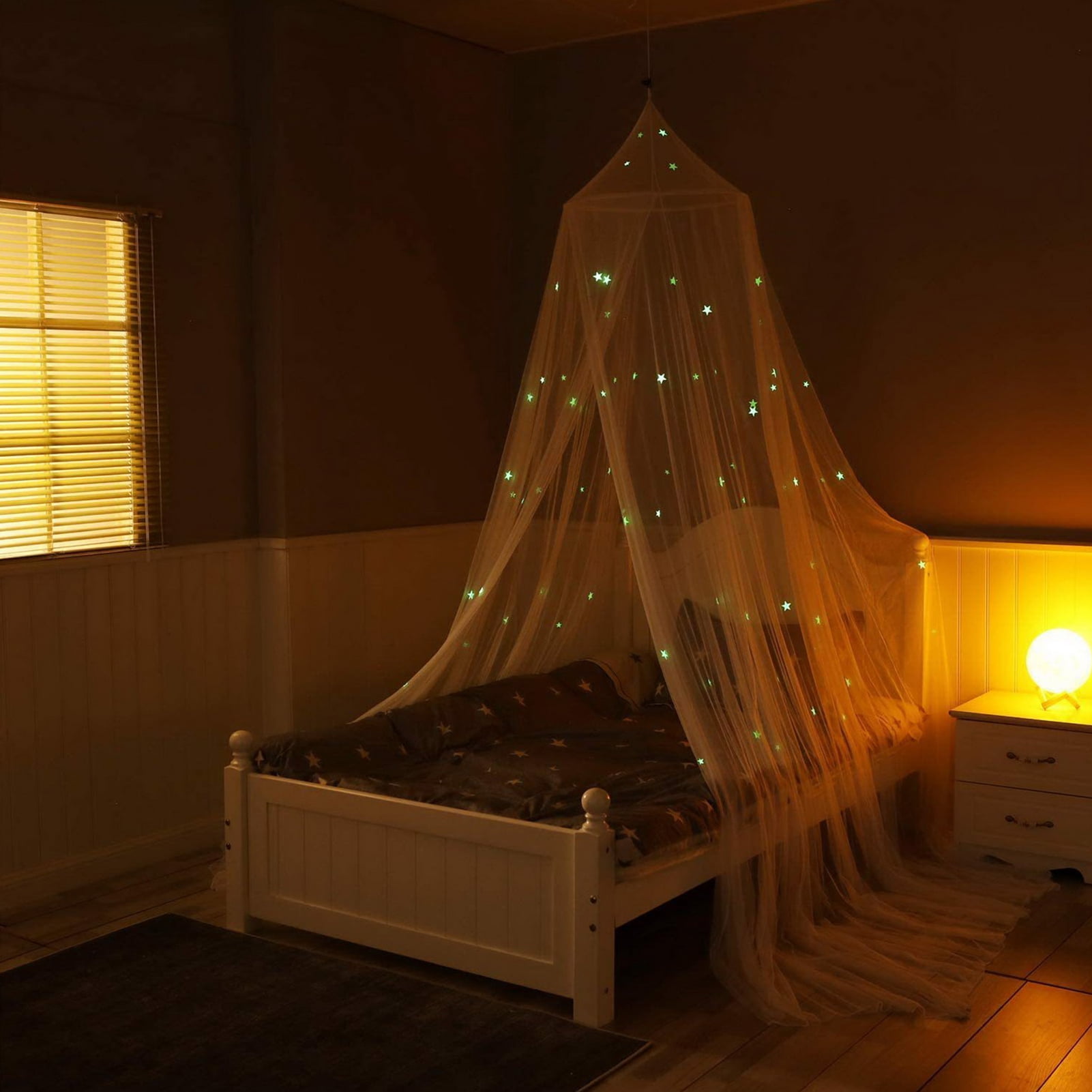 opvise Bed Canopy Easy Installation Fluorescent Stars Design Kid Room Round Top Children Crib Bed Tent Household Supplies Blue