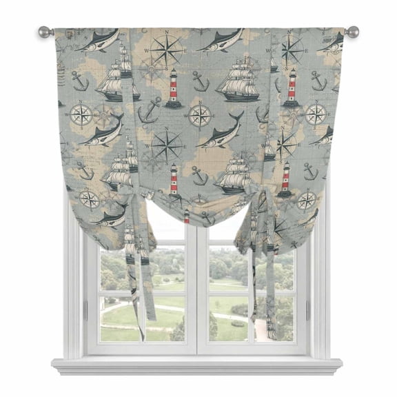 Blue Grey Seaports Balloon Curtains 63 Inch Length for Living Room/Bedroom, Vintage Ocean Anchor Shark Lighthouse Rod Pocket Privacy Door Curtains Decorative Tie Up Shade for Window 52"x63"