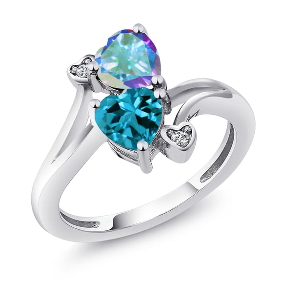 Gem Stone King 925 Sterling Silver Mercury Mist Mystic Topaz London Blue Topaz and White Diamond Ring for Women (1.98 Cttw, Heart Shape 6MM, Gemstone Birthstone, Size 7)
