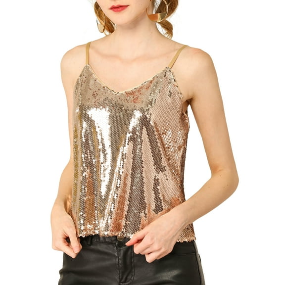 INSPIRE CHIC Women's Sequin Spaghetti Strap Crop Camisole Tank Tops XS Rose Gold