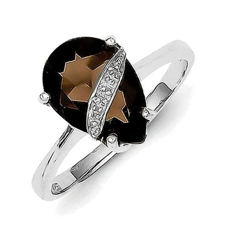 Smokey Topaz 2 Light - Sterling Silver w/Rhodium Pear Smokey Quartz & Diamond Ring