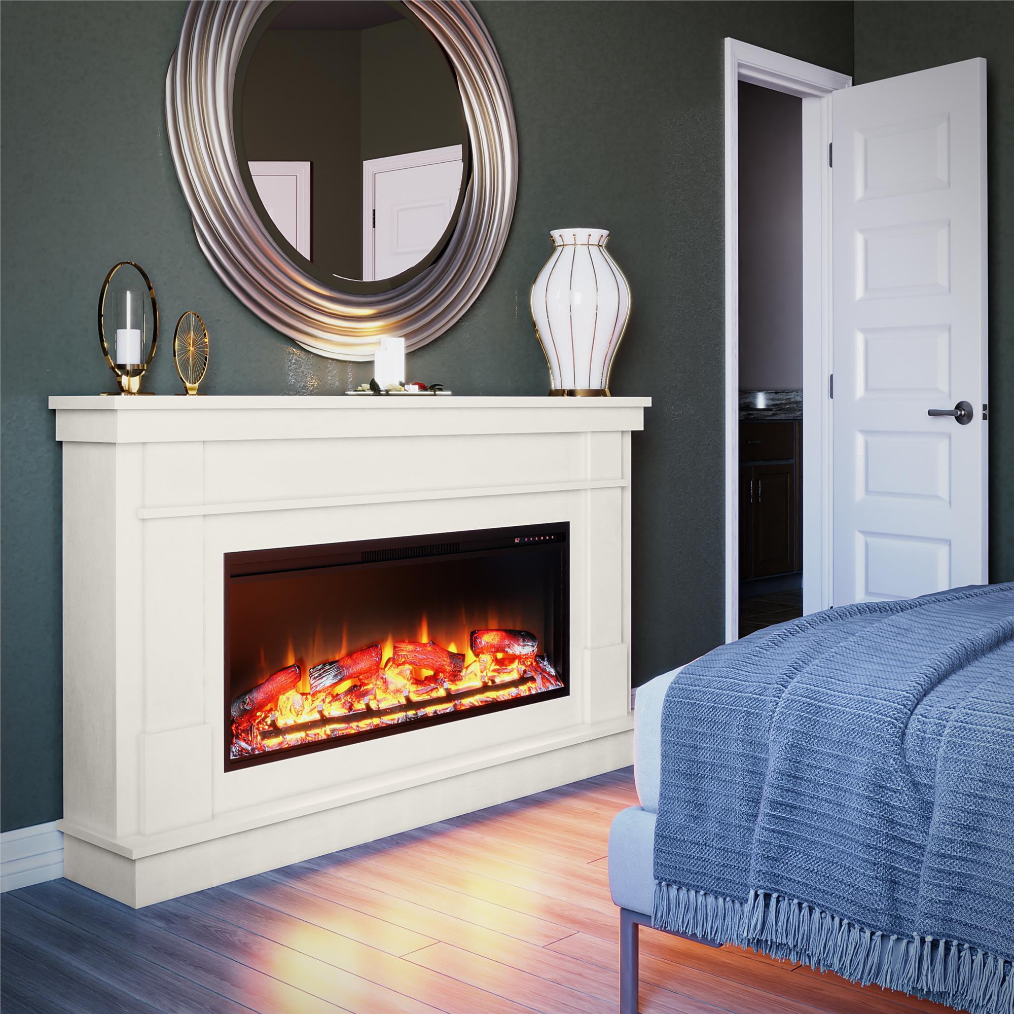 Elmcroft Wide Mantel with Linear Electric Fireplace, Plaster