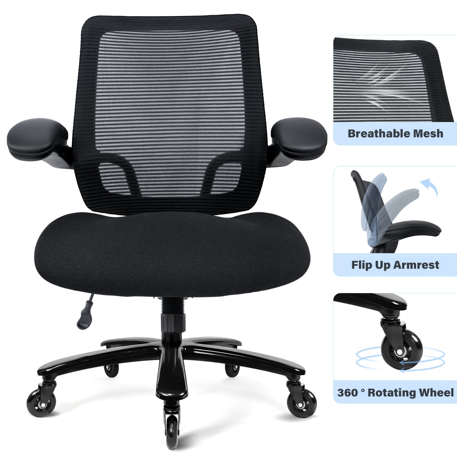 Big and Tall Office Chair 500 lbs, Heavy Duty Ergonomic Mesh Computer Chair with Wide Seat, Flip-up Armrests, Metal Base and Blade Wheels, Black