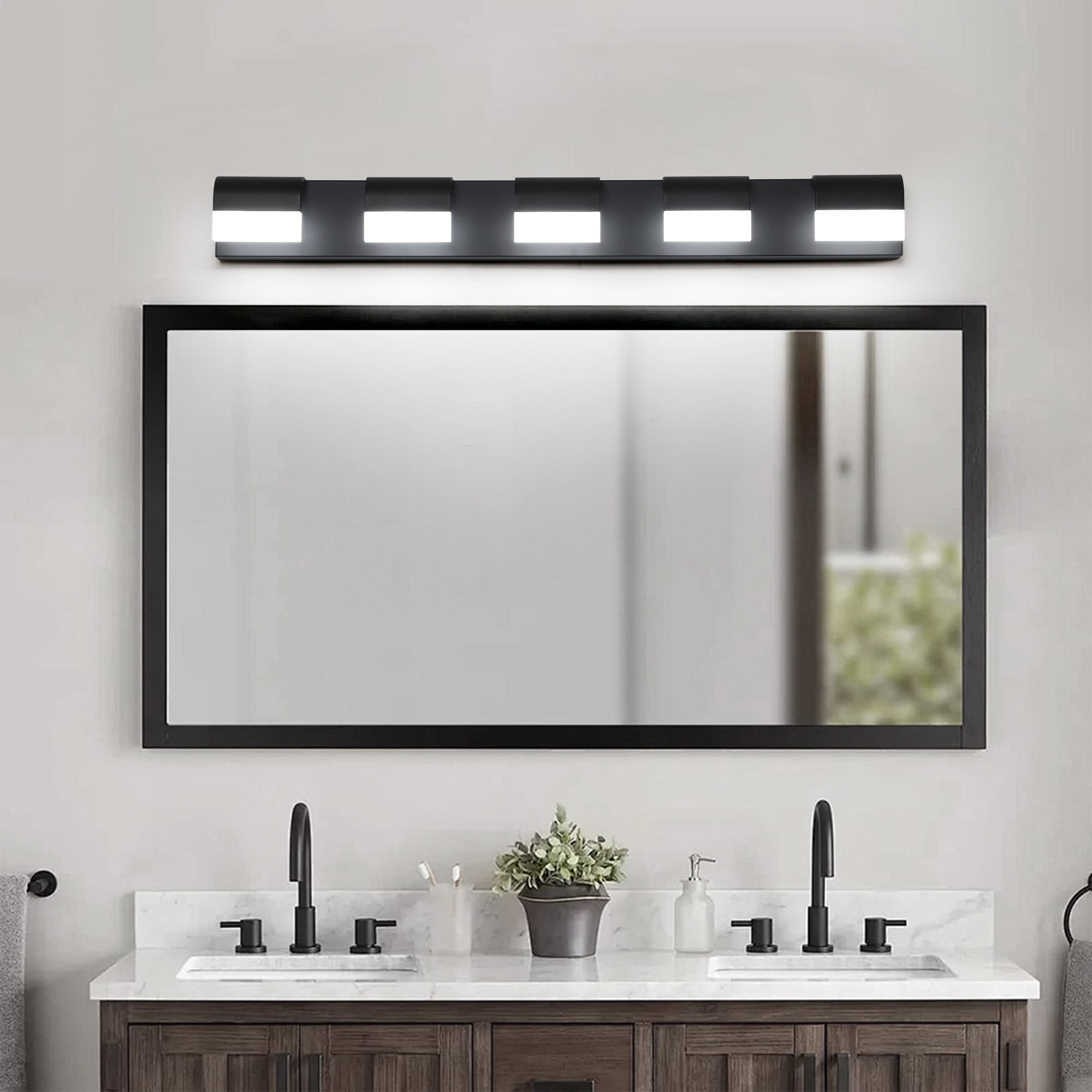 5-Light 32.3 Inch Vanity Light Fixtures , Matte Black Modern Acrylic Bathroom Wall Lighting Fixtures for bathroom lights (Cool White 6000K)
