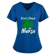 Muxika St Patrick's Day Printing Working Uniform Nursing Uniform for Womens Scrubs Tops Color Casual Working Uniform with Pocket V-Neck Work Utility&Safety Tops Nursing Worker Protective Clothing Top