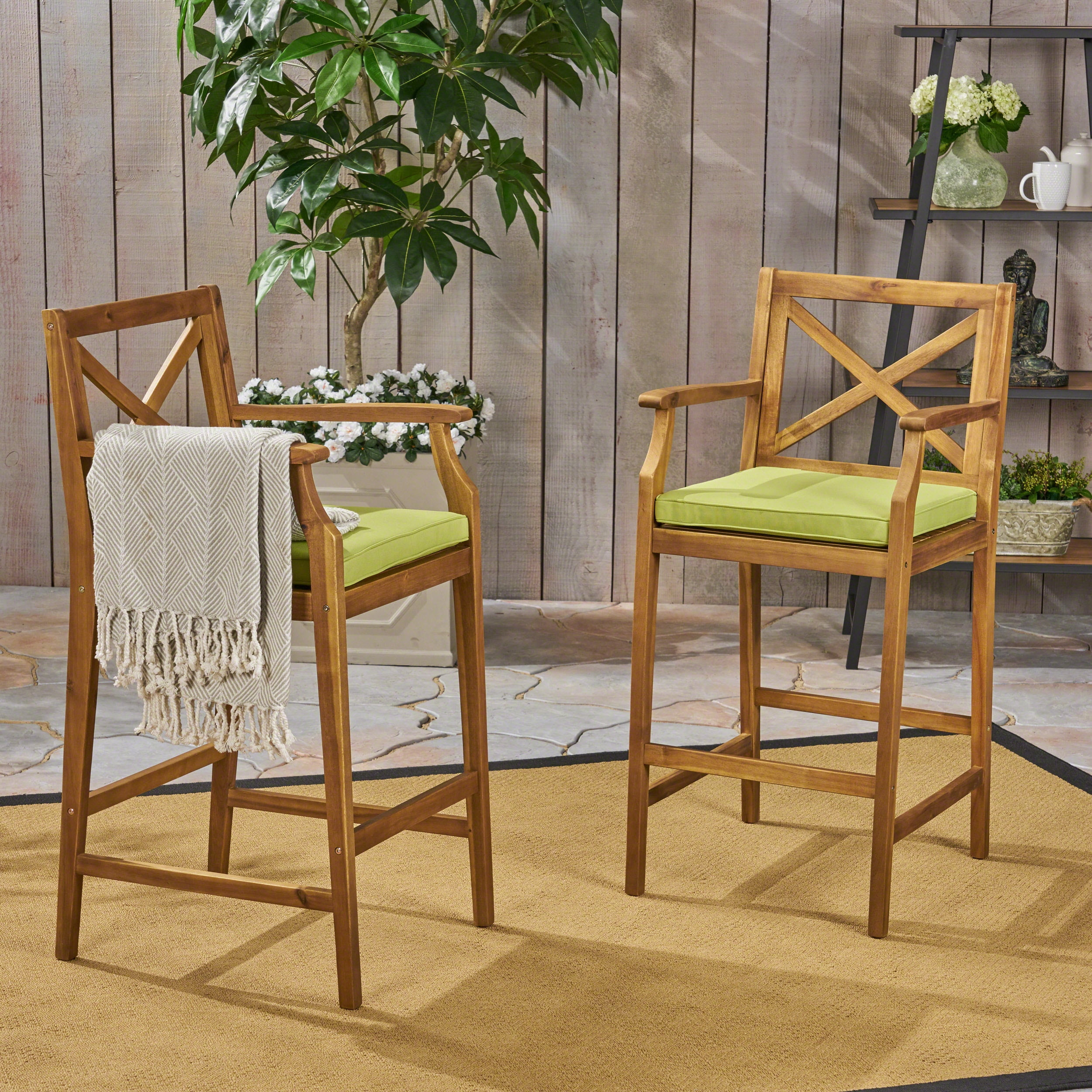 Danielle Outdoor Acacia Wood Bar Stools with Cushions, Set of 2, Teak