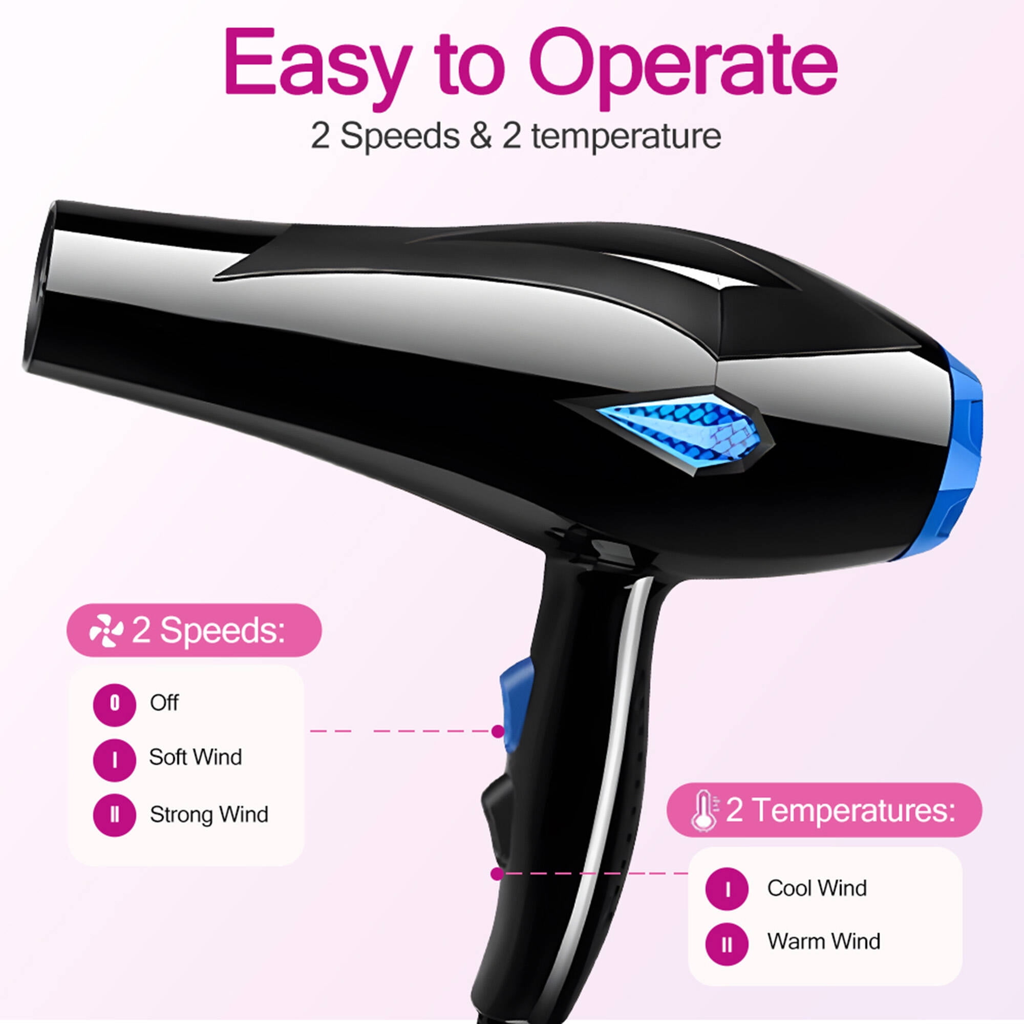 Morfone Hair Dryer, Professional Negative Ionic Thermo-Control Blow Dryer with Hair Diffuser & Nozzle, Black