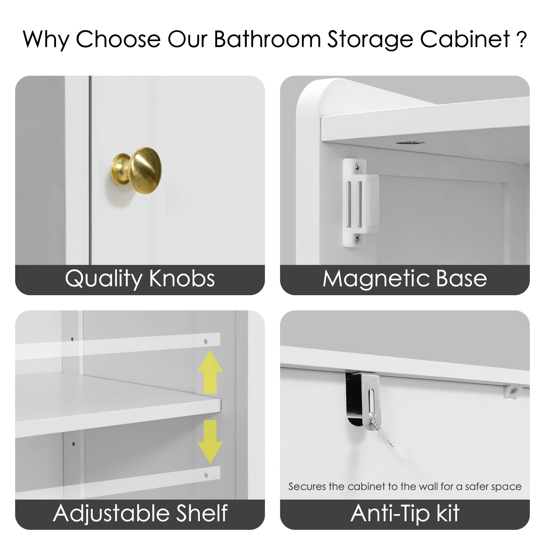 67" H Tall Bathroom Storage Cabinet, Narrow Freestanding Towel Cabinet with Waterproof Base, Adjustable Shelves, 2 Doors & 1 Drawer — for Bathroom, Kitchen, Living & Dining (White, 15.7" W)