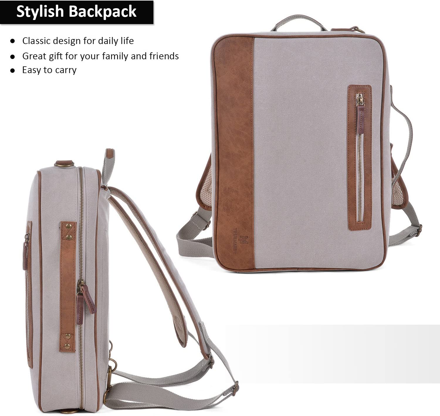 Laptop Briefcase BackpackVintage Canvas Messenger Bag with Scratch Protection Lining Up to 15'' (Beige)