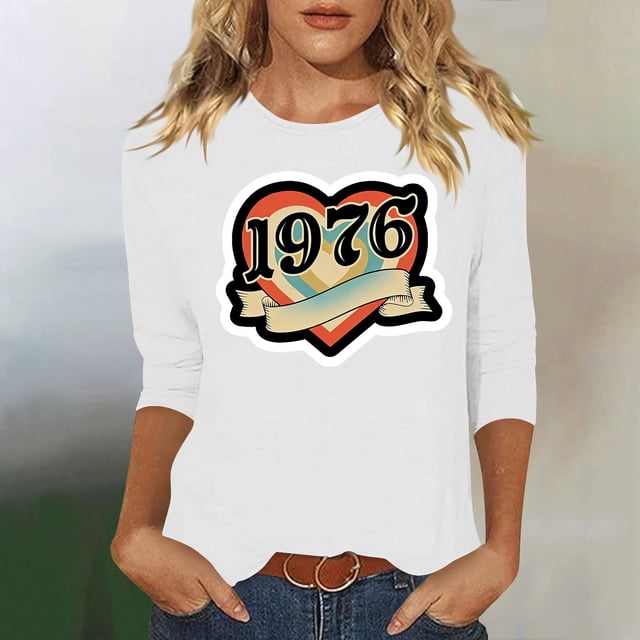 Uootdi Hauts pour Femmes Manches 3/4 Col Rond Imprimé Arc-en-Ciel Rétro 1976 Coupe Décontractée T-Shirts Nostalgiques d'Été Cadeau