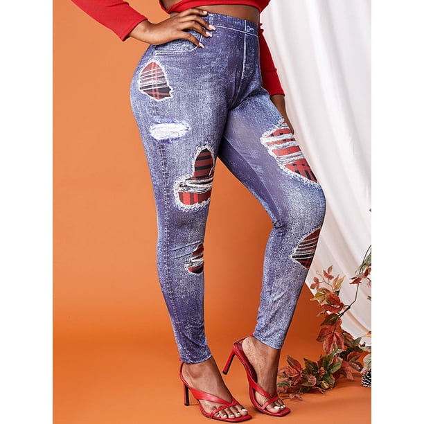 Jeggings Talla Extra Delgados Cintura Alta Estampado a Cuadros 3D Rosegal Leggings de talla grande