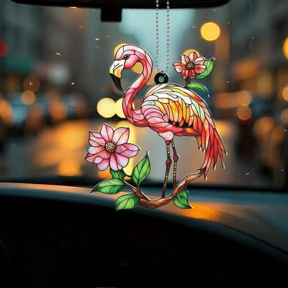 Flamingo & Flower Suncatcher Ornament - Acrylic Window & Car Hanging Decoration, Colorful Tropical Design, Perfect for Home Décor & Gift Idea