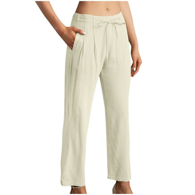 AherBiu Womens Pants High Waisted Drawstring Casual Straight Trousers Summer Lounge Pants with Pockets