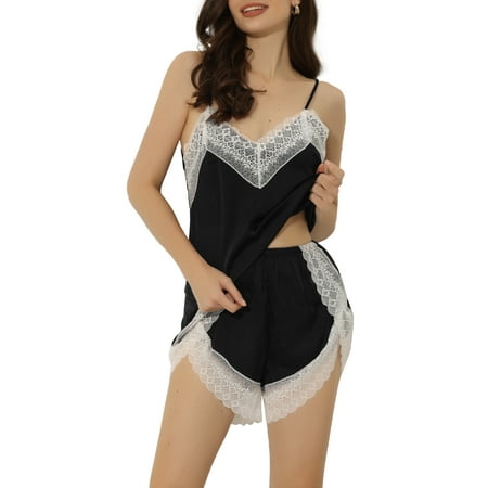 cheibear Womens Sleepwear Pjs Lace Trim Satin Lingerie Silk Cami with Shorts Pajama Set