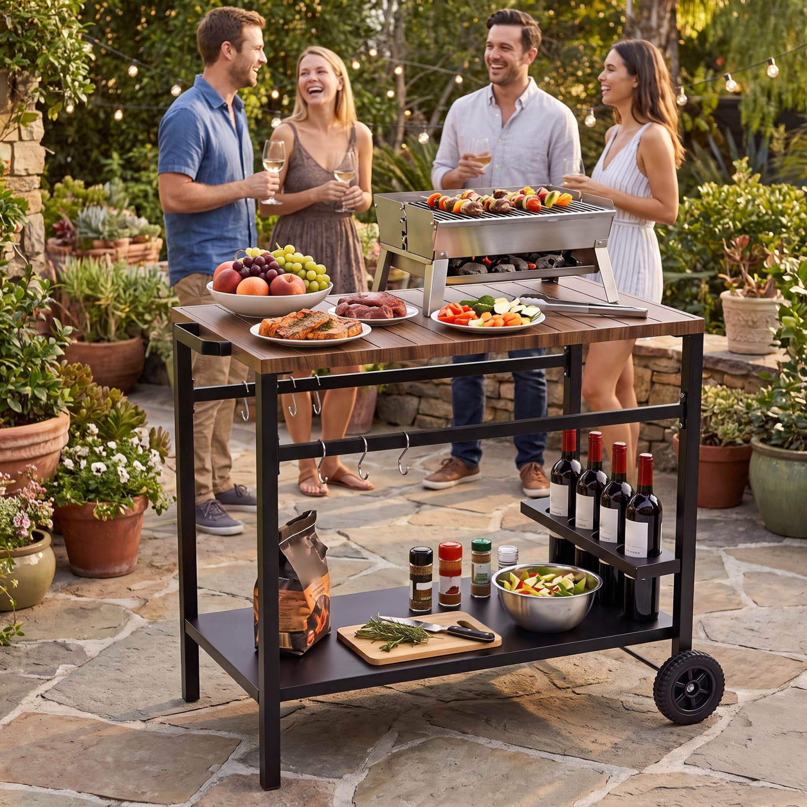 Furnibear Outdoor Grill Cart with Spice Rack and Hooks for Patio and Garden for Kitchen Dining Home Rolling Utility Serving, Brown
