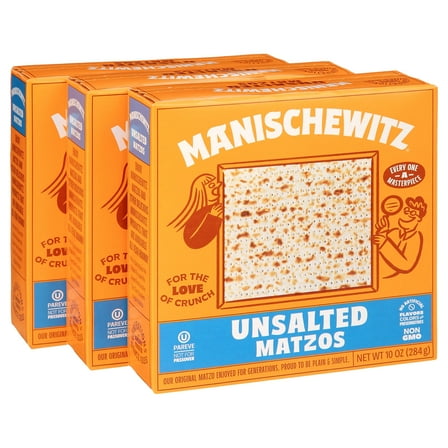 Manischewitz Original "Thin Unsalted Matzo" 10oz 3 Pack Airy Crispy Crackers, Just Flour & Water, Sodium Free, Non GMO