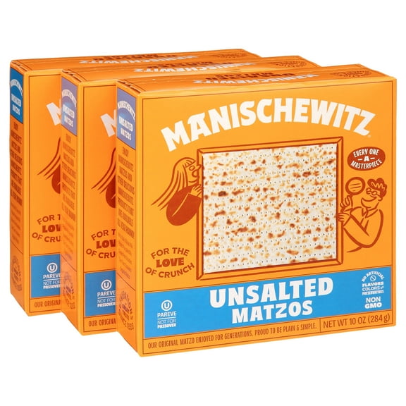 Manischewitz Original "Thin Unsalted Matzo" 10oz 3 Pack Airy Crispy Crackers, Just Flour & Water, Sodium Free, Non GMO