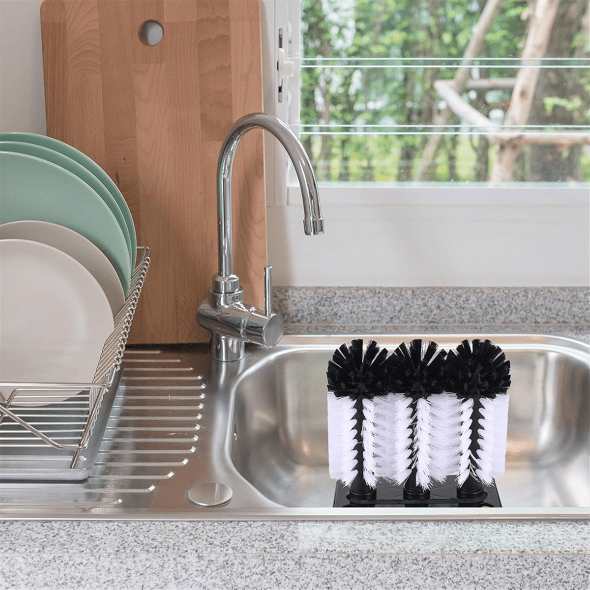 2 Pack Water Bottle Cleaning Brush Two Size with Suction Base Glass Cup Washer 3 Head Bristle Brush for Bar Beer Cup,1set * cup washer for sink